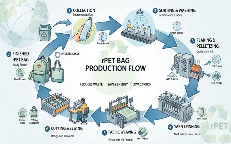 rPET Material Lifecycle Infographic – Sustainable Travel Bag Production Process 2026